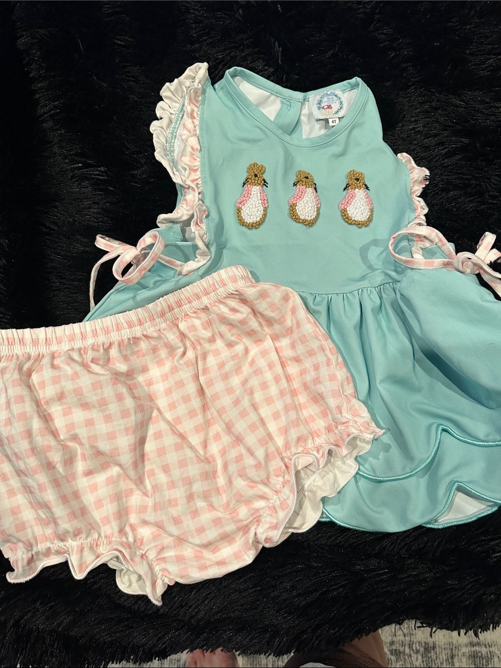 Mint Penguin Appliqué Ruffle Tank with Pink Gingham Bloomers - Kids Matching Set